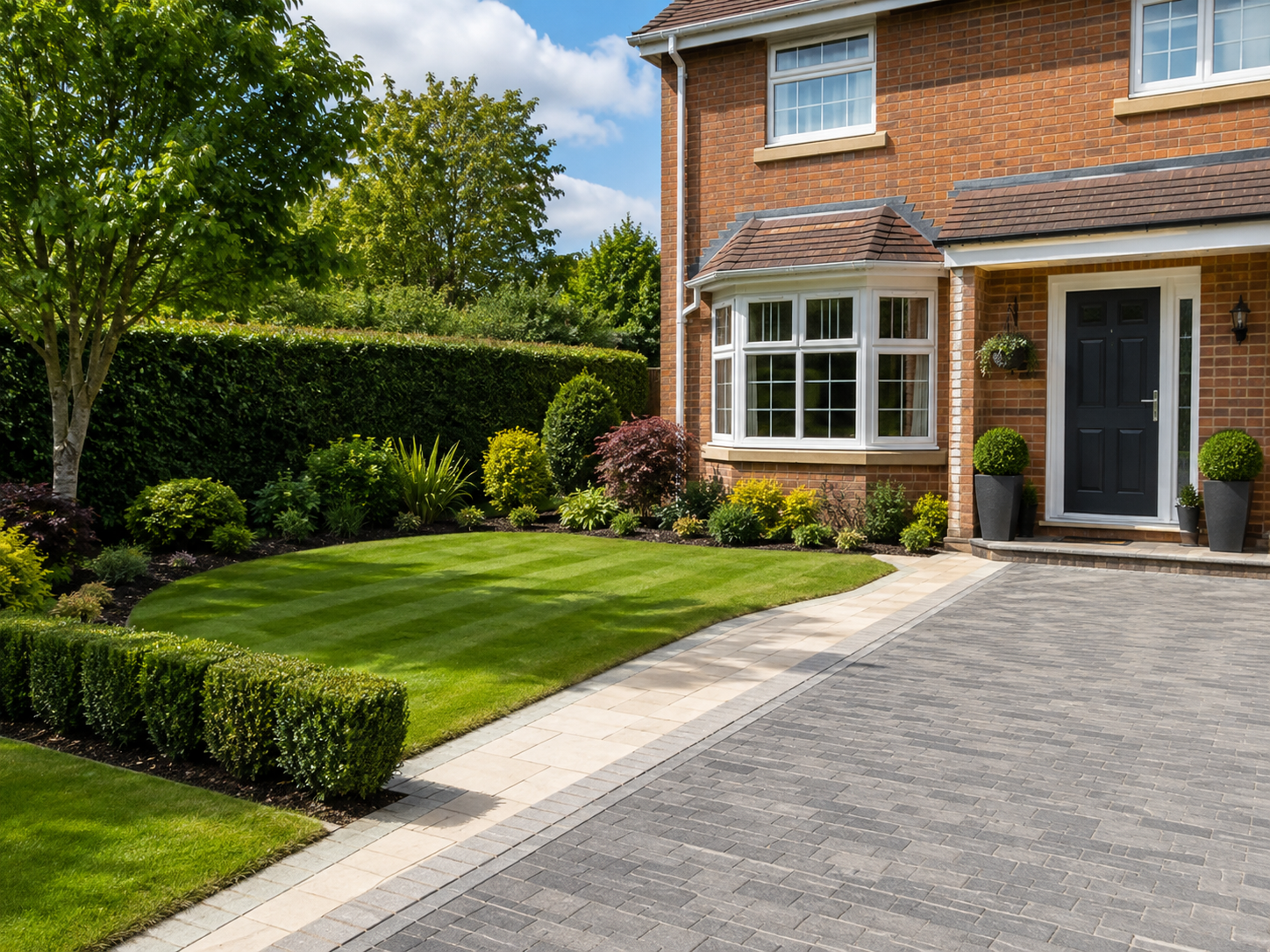 Illustrative tidy front garden and driveway